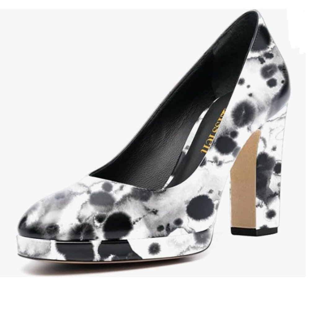 Miss left Black Tie Dye Platform Closed Toe Pump Slip On Chunky High Heels Shoes